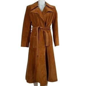 Vintage 70s Saks Fifth Avenue Suede Trench Coat Brown Belted Long Jacket Boho